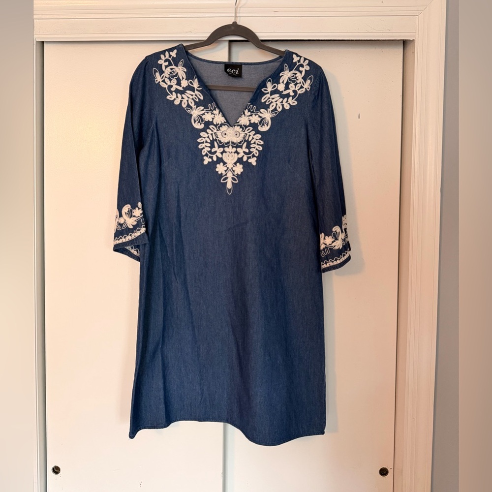 ECI Blue Long Sleeve Dress with White Embroidery